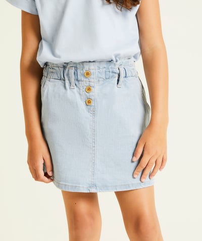 CategoryModel (8821760065678@125)  - Girl's straight skirt in light blue low impact denim with gold wooden buttons