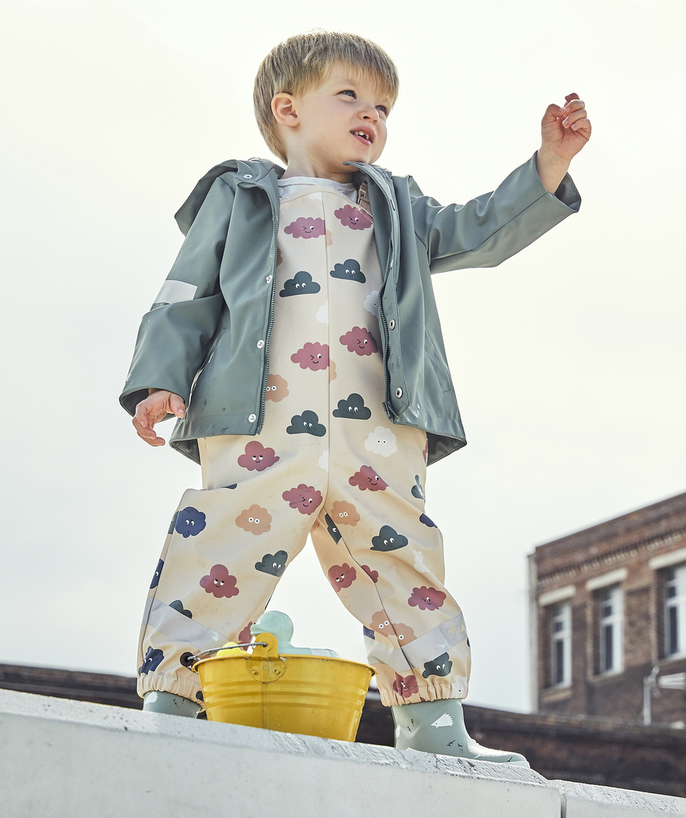   - BEIGE AND PRINTED WATERPROOF DUNGAREES WITH CLOUDS FOR BABY BOYS AND GIRLS